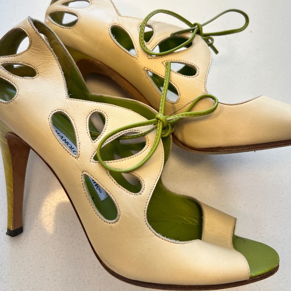 Cream and Green Cutout Heels Manolo Blahnik